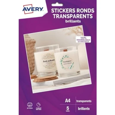 Imagen de AVERY Bolsa de 120 pegatinas redondas transparentes personalizables e imprimibles 4 cm Impresión inyección tinta
