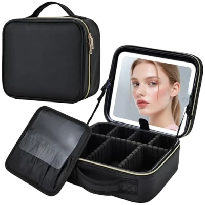 Imagen de Bolsa Maquillaje con Espejo Iluminado Neceser de luz LED Organizador Viaje Maletin Estuche Mujer vacio Makeup Bag, Negro