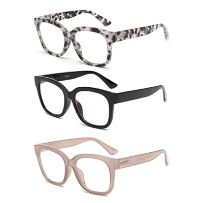 Imagen de JM Pack 3 gafas de Lectura Cuadrados Gran Tamaño, presbicia mujer con Bloqueo a Luz Azul +0.0 Negro &amp; Tortuga Gris Rosa