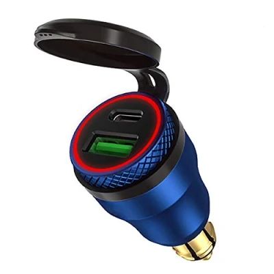 Imagen de iMESTOU Cargador de Enchufe DIN Hella Aluminio 30W a Tipo C y Carga Rápida USB 3.0 Adaptador Motocicleta Prueba Agua para 12V 24V/BMW Ducati Triumph
