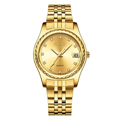Imagen de JewelryWe Par de relojes cuarzo analógicos para parejas, amistad, con calendario, acero inoxidable, manecillas luminosas y brillantes imitación, color dorado, Gold(Reloj Mujer)