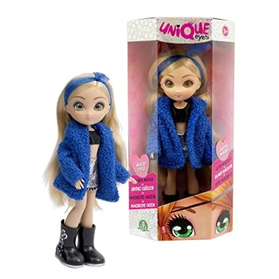 Imagen de UNIQUE EYES Amy Fashion Doll, muñeca de Pelo Largo y Moreno para peinar, Vestida con Estilo Cool, Ojos Que te siguen, niñas niños Desde 3 años, 4 Modelos Diferentes, Famosa (MYM12100)