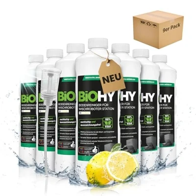 Imagen de BiOHY Limpiador de suelos para robot limpieza con aroma fresco (9 x 1 litro) + dosificador, concentrado todos los robots función húmeda, sin espuma ni rayas