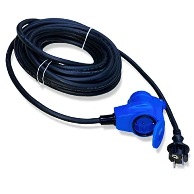Imagen de cable adaptador CEE acodado con enchufe a de protección contacto, 10 m, IP44, 230 V/16 A, 3 polos, para camping, barco, caravana, angular azul