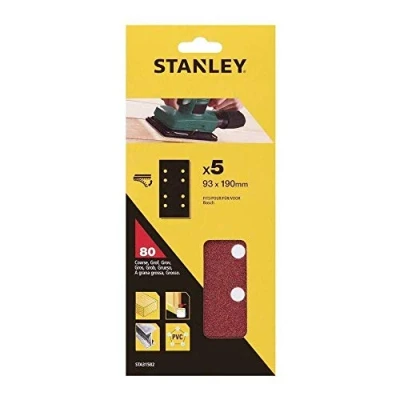 Imagen de STANLEY STA31582 XJ 5 hojas de lija perforadas. 1/3 (93 x 190mm). Grano 80. Autoadherentes. Madera, pintura, barniz, yeso, metal y plástico.