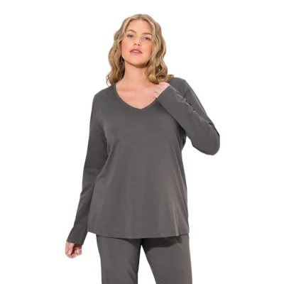 Imagen de Ulla Popken Camiseta, Entallada, Cuello de Pico, Manga Larga Gris Grafito 58+ 719505110