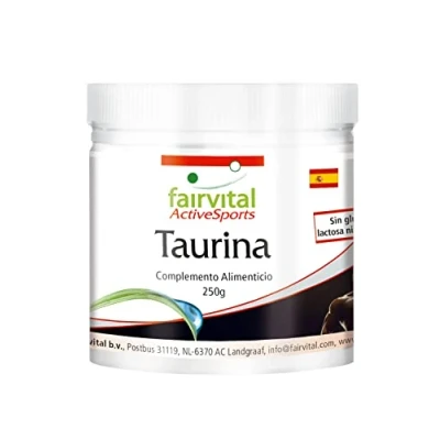 Imagen de Fairvital Taurina 250 g polvo Dosis extra alta Con tiamina y ácido pantoténico Puro, sin aditivos 100% vegano Para 4,5 meses Calidad probada Made in Germany