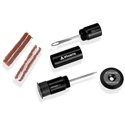 Imagen de Granite Stash Kit de Reparación Pinchazos Neumáticos Tubeless para Bicicleta Almacenamiento Fácil en el Manillar Completo 2 Tapones Tamaños Diferentes (Negro)