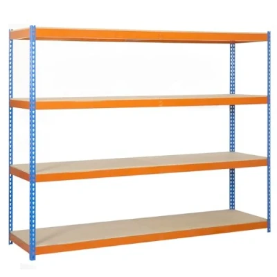 Imagen de SimonRack Estantería Metálica Almacenaje, Sin Tornillos, 4 Baldas Madera, Alta Capacidad Carga 400 kg, 2000x1800x450 mm, Taller Garaje Trastero, Azul/Naranja/Madera