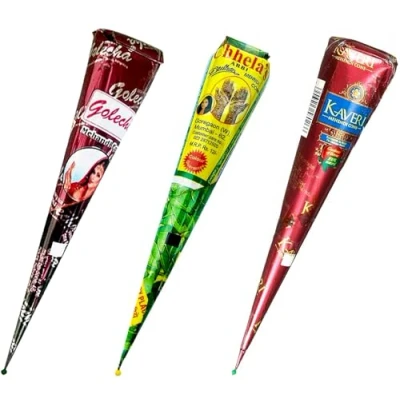 Imagen de HANUMAN STORE 3 pcs x Henna Golecha Kaveri Chhela&#039;s, 100% Natural Red Brown cones for Body Tattoo, Mehendi