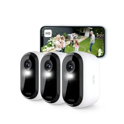 Imagen de Arlo Essential 2 Camara Vigilancia WiFi Exterior HD, Interior, Sensor de Movimiento, Alarmas Para Casa, Visión Nocturna En Color, Prueba Secure Incluida, 3 Cámaras, Blancas