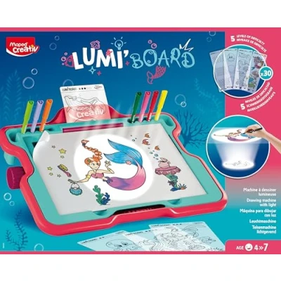 Imagen de Maped Pizarra Mágica para Dibujar con Luz Sirenas, Set Completo Niños de 4 Años en Adelante, Incluye 1 30 Fichas 12 Rotuladores 20 Hojas, Ideal Calcar y Crear