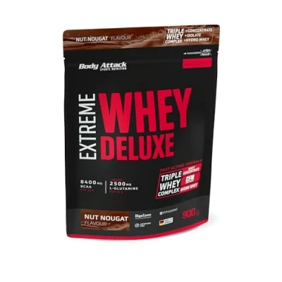 Imagen de Body Attack Extreme Whey Deluxe, proteína en polvo con aminoácidos y complejo de triple suero aislado suero, perfectamente soluble, bajo azúcar, grasas, lata de, turrón nueces, 900g, calidad Made in Germany