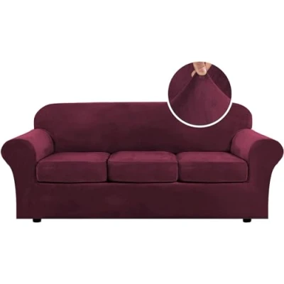 Imagen de Funda De Sofá Terciopelo Universal Con 2 Fundas Cojines Separadas, Felpa Elástica Ultra Suave Antideslizante Protector Muebles Fondo Elástico (Vino Rojo,3 plazas (173 229cm))