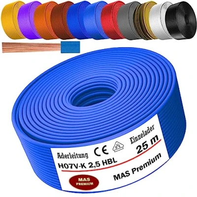 Imagen de cable eléctrico H07 V K 2,5 mm², azul claro, individual, flexible, de 5 a 100 m (25 m)