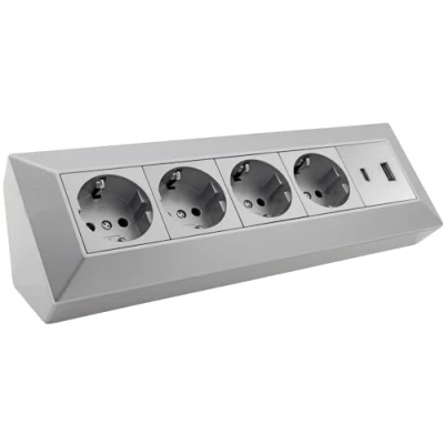 Imagen de Bloque de enchufes Toma esquina contacto protección 4 vías USB A C PD gris plateado