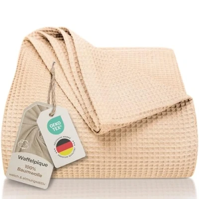 Imagen de LAYNENBURG Manta para sofá Verano 180 x 220 Waffle Pique 100% algodón cocha Ligera de como Cama, aireada (Beige)