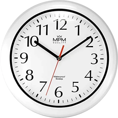 Imagen de MPM Quality Reloj de Pared baño plástico y Cristal Mineral, Cuarzo Barrido, Resistente al Agua, 3 5 ATM, Color Blanco/Negro, diámetro 305 mm, Adecuado también para Exteriores como