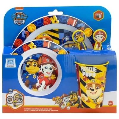 Imagen de Set vajilla infantil reutilizable apta para microondas compuesto por vaso, plato, cuenco y cubiertos de La Patrulla Canina Boy