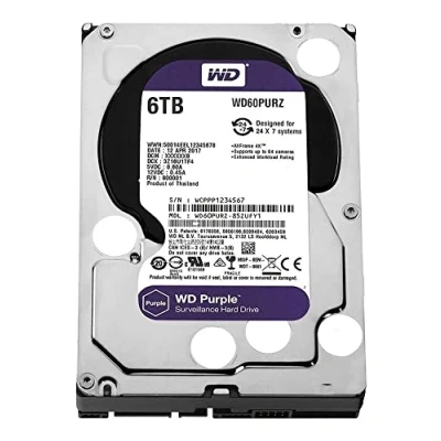 Imagen de Western Digital WD Purple 6TB para videovigilancia 3.5 pulgadas SATA 6 Gb/s disco duro con tecnología AllFrame 4K 180TB/yr, 64MB Cache, 5400rpm WD60PURZ