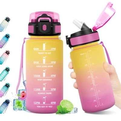 Imagen de Botella Agua Deportiva 500ml, Motivacional, con Pajita, Marca de Tiempo, Reutilizable, Garrafa sin BPA, Cantimplora para Escuela, Oficina, Sport, Yoga, Gimnasio