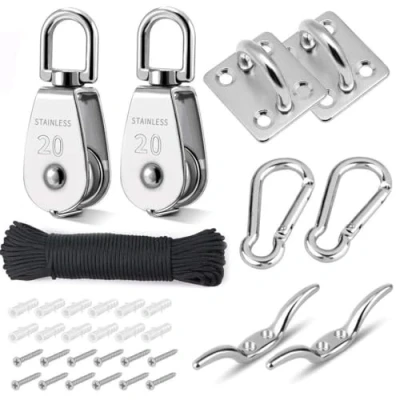 Imagen de TooTaci Bloque de polea grúa M20 Gancho giratorio alambre colgante Rueda remolque 304 Acero inoxidable con nylon cuerda