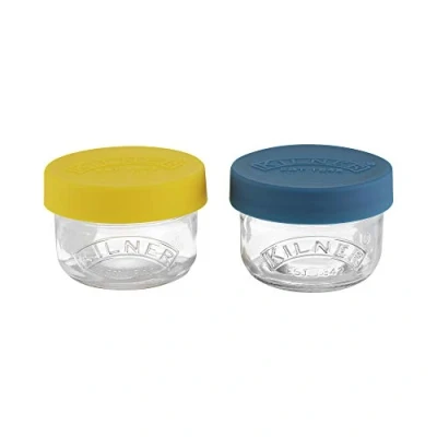 Imagen de Kilner 0,125 l Juego de 2 ollas Cristal almacenar 125 ml con Tapas Silicona a presión, perfectas para Aperitivos y Almacenamiento Alimentos, Transparente, Azul Amarillo