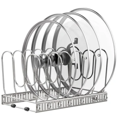 Imagen de Housolution Organizador de Ollas y Sartenes, Extensible Tapas con 7 Compartimentos Ajustable, Soporte Sartenes para Cocina, Plata