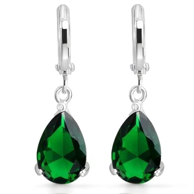 Imagen de Crystalline Azuria Mujer 18ct Chapado en Oro Blanco Lágrimas Esmeralda simulada Verde Cristales de Zirconia Pendientes Colgantes para y Niña