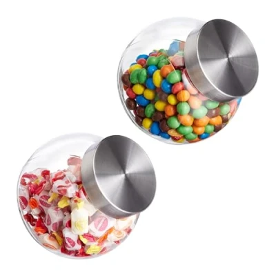 Imagen de Relaxdays Botes Cristal, Set 2, 1,5L, Recipiente Caramelos, Alimentos, Mesa Chuches, Tapa Acero Inoxidable, Transparente, 1,5 L