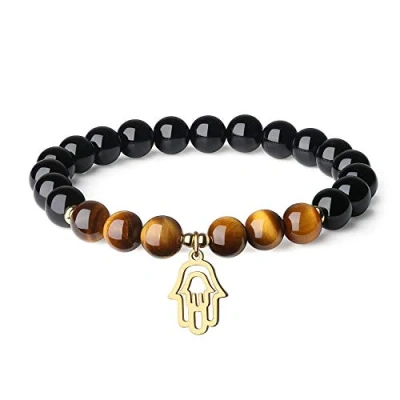 Imagen de COAI Pulsera de Turmalina Negra y Ojo Tigre Piedras Semipreciosas con Amuleto Mano Fátima para Mujer