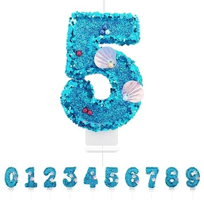Imagen de velas de cumpleaños con números 5,3D sirena, azules, 5, decoración para tartas,