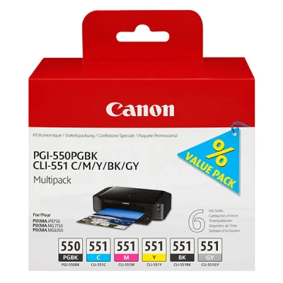 Imagen de Cartucho De Tinta Canon Pgi 550pgbk + Cli551 (pgbk/c/m/y/bk/gy)