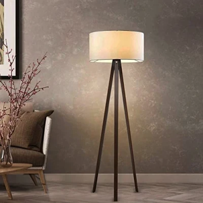 Imagen de lux.pro Lámpara de Pie Trípode Luz Iluminación Salón 1xE27 20 W MDF 100% Poliéster 21 x Ø 38 cm Altura 140 Efecto madera/Color Crema