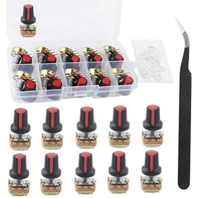 Imagen de RUNCCI YUN potenciómetro 500k kit de rotativo cónico, eje WH148 3Pin 15mm con tuerca y anillo hierro pinzas antiestáticas