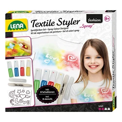 Imagen de Lena 42597 Kit de Manualidades para Textiles en Spray, Juego Completo con 4 Colores Aerosol, 1 Pintura Purpurina Decorar, 8 Plantillas y lápiz Contorno, decoración Textil