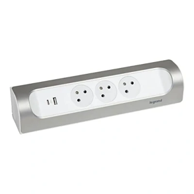 Imagen de LEGRAND Regleta de ángulo para Cable, 3 Tomas Superficie con Tierra + Toma USB C A, instalación Horizontal o Vertical, Color Blanco y Aluminio