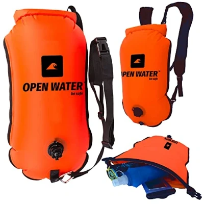 Imagen de OPENWATER aufblasbare Schwimmboje und 3 in 1 Rucksack — große Boje mit Trockentasche für Dinge 28L Triathlonboje