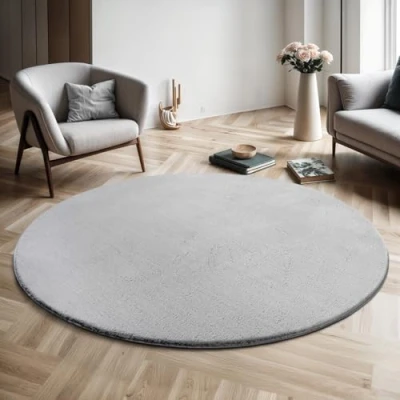 Imagen de the carpet Relax Alfombra Moderna y mullida de Pelo Corto, para salón, Parte Inferior Antideslizante, Lavable hasta 30 Grados, Muy Suave, Gris, 120 cm Redondo