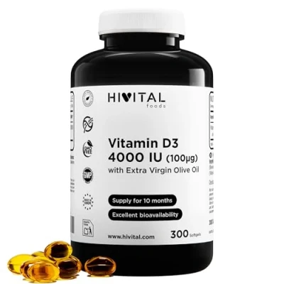 Imagen de Vitamina D3 4000 UI 300 perlas para 10 meses D Natural Colecalciferol con Aceite de Oliva Virgen Extra Mantiene las articulaciones y huesos sanos, mejora el sistema inmunológico