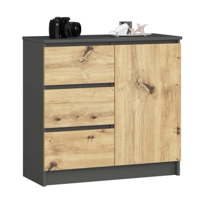 Imagen de AKORD Cómoda Jerry Cajonero con 1 Puerta 3 Cajones 2 Estantes Credenza Alta 80 cm 80x35x77 Gris Grafito &amp; Roble Artisan Frente