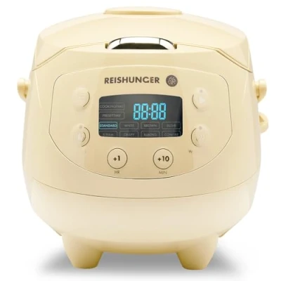 Imagen de REISHUNGER mini Olla arrocera eléctrica y vaporera amarillo claro para hasta 3 personas (0,6 l) Con 8 programas pantalla LED función automática de mantenimiento del calor