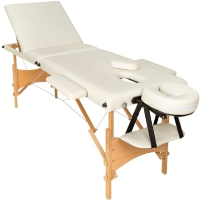 Imagen de TecTake® Camilla Masaje Plegable de Madera, Profesional Fisioterapia, Quiromasaje, Tatoos, Reiki, Estética Profesional, Altura Ajustable, 3 Zonas, Bolsa Transporte y Cojines Beige