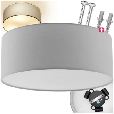 Imagen de TecTake® lampara de techo redonda, acero resistente, lino, 3 bombillas, salon, instalación fácil, material montaje incluido, diseño atemporal, dormitorio Gris