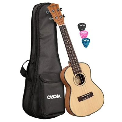 Imagen de CASCHA Ukelele de concierto para zurdos, tapa maciza pícea, parte superior sólida, juego guitarra hawaiana con cuerdas Aquila, accesorios y 3 púas