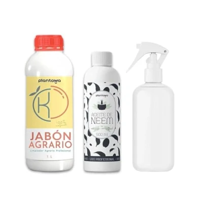 Imagen de PLANTAWA Pack Ahorro Jabón Potásico 1L + Aceite de Neem 0,5L PULVERIZADOR, 100% Natural Protección Huerto, Sostenible, Alta Concentración, Mosca Blanca, Araña Roja, Pulgón, Cochinilla