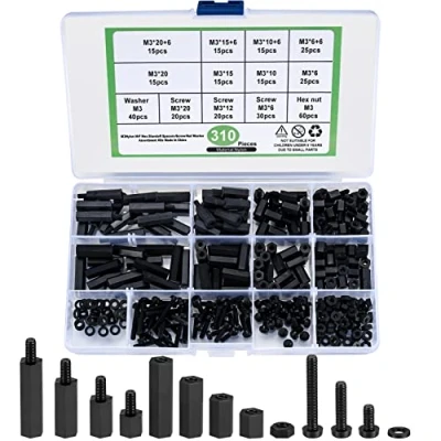 Imagen de 310 Piezas M3 Espaciador de Columna Hexagonal Macho a Hembra, Nylon Hex Separador Tornillo Tuerca Roscada PCB Placa base Surtido Kit, Negro