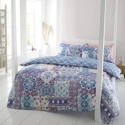 Imagen de Catherine Lansfield Bedding Boho Patchwork Juego de Funda edredón y Almohada, Color Azul