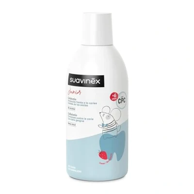 Imagen de Suavinex, Enjuague Bucal para Niños y Niñas +6 Años, Previene Caries, Protege Encías, Colutorio Sin Alcohol, Gluten, Con Flúor, CPC Agua de Mar Purificada, Uso Diario, Sabor Fresa, 500 ml