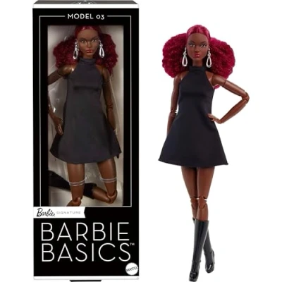 Imagen de Barbie Basics Modelo 03 Muñeca de coleccionista con pelo rojo rizado, minivestido negro y botas, ropa intercambiable otras muñecas, cuerpo alto articulado cabeza intercambiable, JBH75